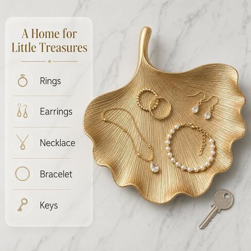 Jewelry Tray Trinket Dish, Decorative Ginkgo Vanity Key Tray for Women, Ring Holder Dish, Cute Jewelry Plate Bowl Room Decor Aesthetic, Gold, Large in Kuwait