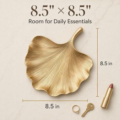 Jewelry Tray Trinket Dish, Decorative Ginkgo Vanity Key Tray for Women, Ring Holder Dish, Cute Jewelry Plate Bowl Room Decor Aesthetic, Gold, Large in Kuwait