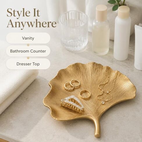 Jewelry Tray Trinket Dish, Decorative Ginkgo Vanity Key Tray for Women, Ring Holder Dish, Cute Jewelry Plate Bowl Room Decor Aesthetic, Gold, Large in Kuwait