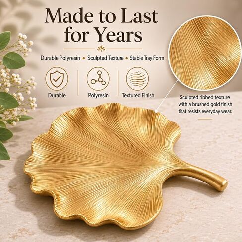 Jewelry Tray Trinket Dish, Decorative Ginkgo Vanity Key Tray for Women, Ring Holder Dish, Cute Jewelry Plate Bowl Room Decor Aesthetic, Gold, Large in Kuwait