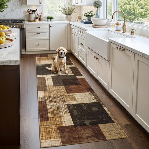 Washable 2x6 Runner Rug for Hallway Kitchen Bedroom, Modern Geometric Patchwork Grid Print Non Slip Carpet, Soft Stain Resistant Long Runner with Rubber Backing, Chocolate in Saudi Arabia