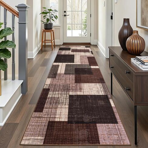 Washable 2x6 Runner Rug for Hallway Kitchen Bedroom, Modern Geometric Patchwork Grid Print Non Slip Carpet, Soft Stain Resistant Long Runner with Rubber Backing, Chocolate in Kuwait