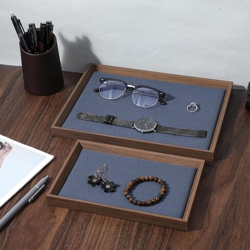 2 Pcs Solid Wood Flat Jewelry Tray, Stackable Rectangle Jewelry Display Tray, Drawer Dresser or Nightstand Organizer, Microfiber Valet Tray, Catchall Tray, Large in Kuwait