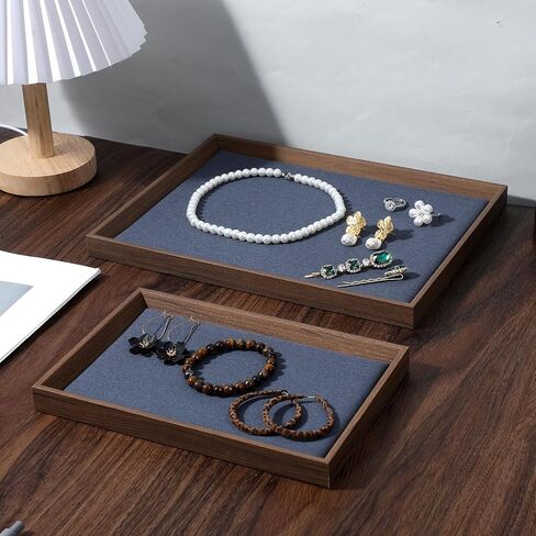 2 Pcs Solid Wood Flat Jewelry Tray, Stackable Rectangle Jewelry Display Tray, Drawer Dresser or Nightstand Organizer, Microfiber Valet Tray, Catchall Tray, Large in Kuwait