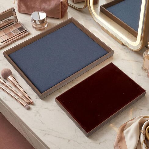 2 Pcs Solid Wood Flat Jewelry Tray, Stackable Rectangle Jewelry Display Tray, Drawer Dresser or Nightstand Organizer, Microfiber Valet Tray, Catchall Tray, Large in Kuwait