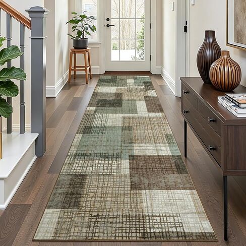Washable 2x6 Runner Rug for Hallway Kitchen Bedroom, Modern Geometric Patchwork Grid Print Non Slip Carpet, Soft Stain Resistant Long Runner with Rubber Backing, Chocolate in Kuwait