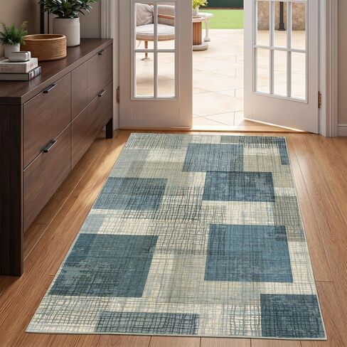 Washable 2x6 Runner Rug for Hallway Kitchen Bedroom, Modern Geometric Patchwork Grid Print Non Slip Carpet, Soft Stain Resistant Long Runner with Rubber Backing, Chocolate in Kuwait