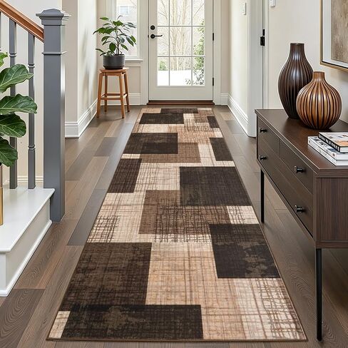 Washable 2x6 Runner Rug for Hallway Kitchen Bedroom, Modern Geometric Patchwork Grid Print Non Slip Carpet, Soft Stain Resistant Long Runner with Rubber Backing, Chocolate in Kuwait