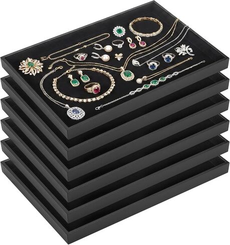 Elsjoy 6 Pack Black Velvet Jewelry Tray, Large Velvet Jewelry Organizer Tray, Stackable Jewelry Display Trays for Bracelet, Ring, Earring, Necklace, Fit Drawer & Countertop in Kuwait