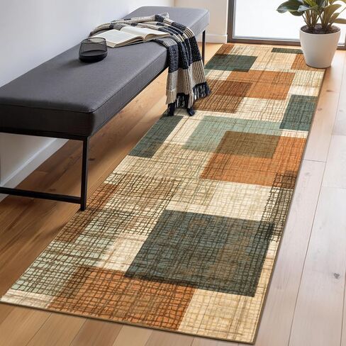 Washable 2x6 Runner Rug for Hallway Kitchen Bedroom, Modern Geometric Patchwork Grid Print Non Slip Carpet, Soft Stain Resistant Long Runner with Rubber Backing, Chocolate in Kuwait