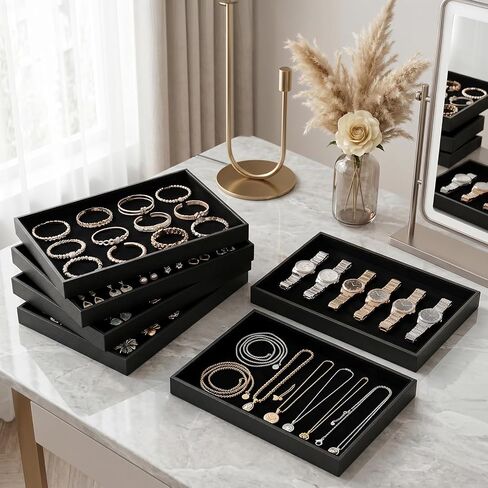 Elsjoy 6 Pack Black Velvet Jewelry Tray, Large Velvet Jewelry Organizer Tray, Stackable Jewelry Display Trays for Bracelet, Ring, Earring, Necklace, Fit Drawer & Countertop in Kuwait