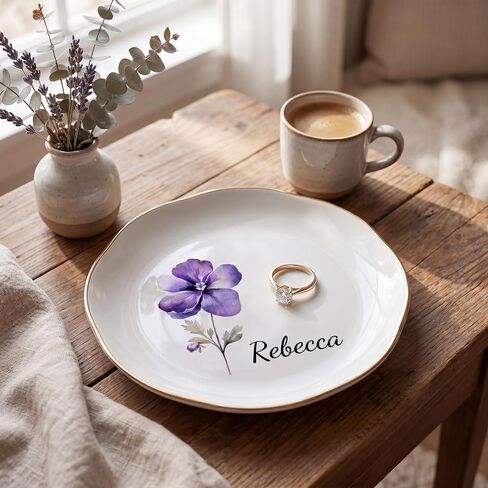 Personalized Birth Flower Jewelry Dish, Custom Name Trinket Dish, Ceramic Ring Tray for Women, Bridesmaid Friends Gift For Birthday, Mother’s Day, Wedding in Kuwait