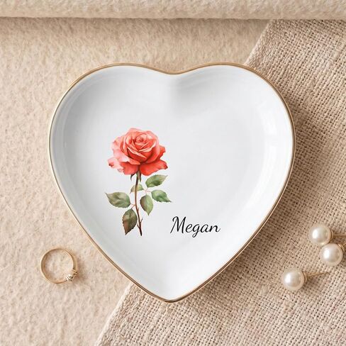 Personalized Birth Flower Jewelry Dish, Custom Name Trinket Dish, Ceramic Ring Tray for Women, Bridesmaid Friends Gift For Birthday, Mother’s Day, Wedding in Kuwait