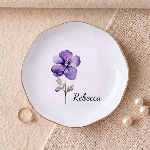 Personalized Birth Flower Jewelry Dish, Custom Name Trinket Dish, Ceramic Ring Tray for Women, Bridesmaid Friends Gift For Birthday, Mother’s Day, Wedding in Kuwait