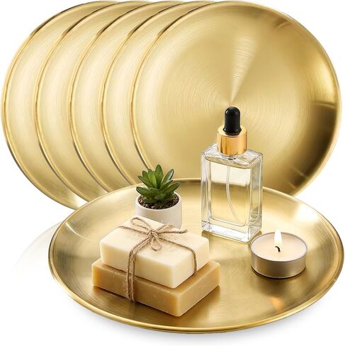 6 Pcs 12 Inch Round Gold Tray - Large Gold Tray Decorative Serving Bar Dish Key Bowl Mirror Dresser Vanity Tray for Jewelry Makeup Organizer, Bathroom, Candle, Perfume, Countertop in Saudi Arabia