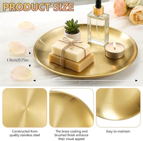 6 Pcs 12 Inch Round Gold Tray - Large Gold Tray Decorative Serving Bar Dish Key Bowl Mirror Dresser Vanity Tray for Jewelry Makeup Organizer, Bathroom, Candle, Perfume, Countertop in Saudi Arabia
