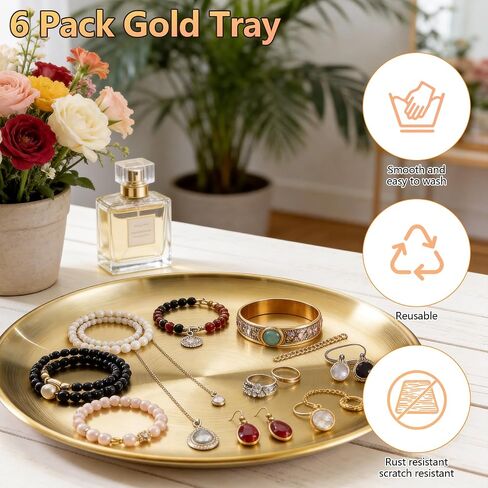 6 Pcs 12 Inch Round Gold Tray - Large Gold Tray Decorative Serving Bar Dish Key Bowl Mirror Dresser Vanity Tray for Jewelry Makeup Organizer, Bathroom, Candle, Perfume, Countertop in Saudi Arabia