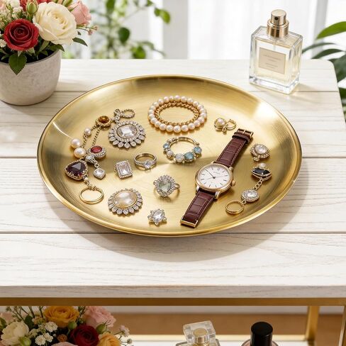 6 Pcs 12 Inch Round Gold Tray - Large Gold Tray Decorative Serving Bar Dish Key Bowl Mirror Dresser Vanity Tray for Jewelry Makeup Organizer, Bathroom, Candle, Perfume, Countertop in Saudi Arabia