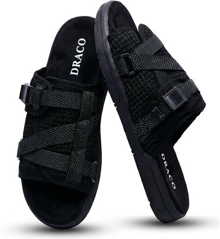 Draco DracoSlides Reflective Slides for Men and Women, Wrapped in Reflective 3M with Adjustable Straps for Wide/Narrow Feet, Sandals with Arch Support & Slip Resistant, Men & Women Footwear, Black in Saudi Arabia