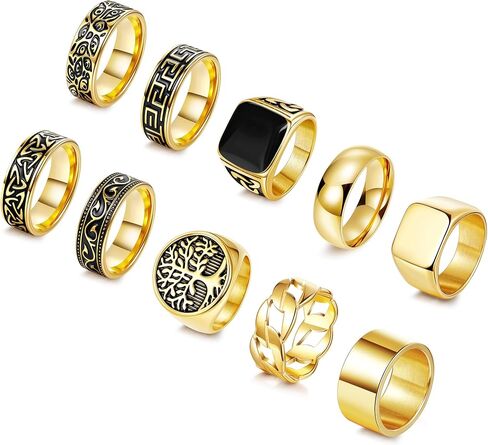 10 Pcs Stainless Steel Vintage Signet Rings for Men Square Pinky Thumb Chunky Ring Retro Carving Celtic Band Rings Cuban Link Chain Ring Vintage Biker Band Rings Set, Size 7-13 in Saudi Arabia