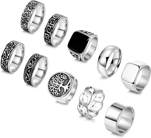 10 Pcs Stainless Steel Vintage Signet Rings for Men Square Pinky Thumb Chunky Ring Retro Carving Celtic Band Rings Cuban Link Chain Ring Vintage Biker Band Rings Set, Size 7-13 in Saudi Arabia