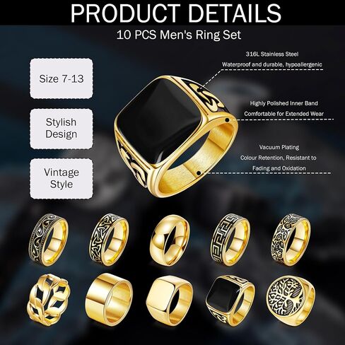 10 Pcs Stainless Steel Vintage Signet Rings for Men Square Pinky Thumb Chunky Ring Retro Carving Celtic Band Rings Cuban Link Chain Ring Vintage Biker Band Rings Set, Size 7-13 in Saudi Arabia