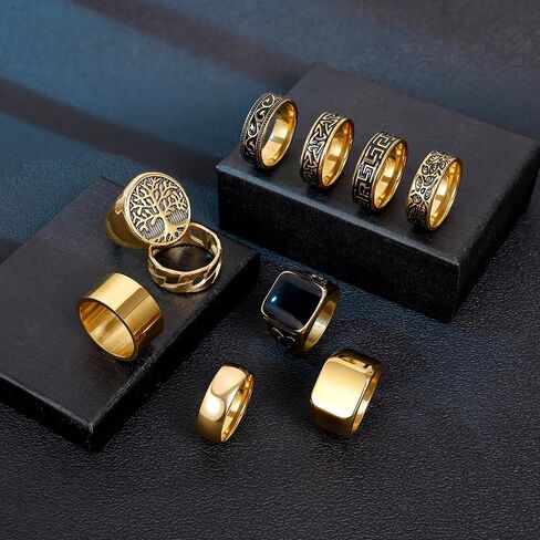 10 Pcs Stainless Steel Vintage Signet Rings for Men Square Pinky Thumb Chunky Ring Retro Carving Celtic Band Rings Cuban Link Chain Ring Vintage Biker Band Rings Set, Size 7-13 in Saudi Arabia