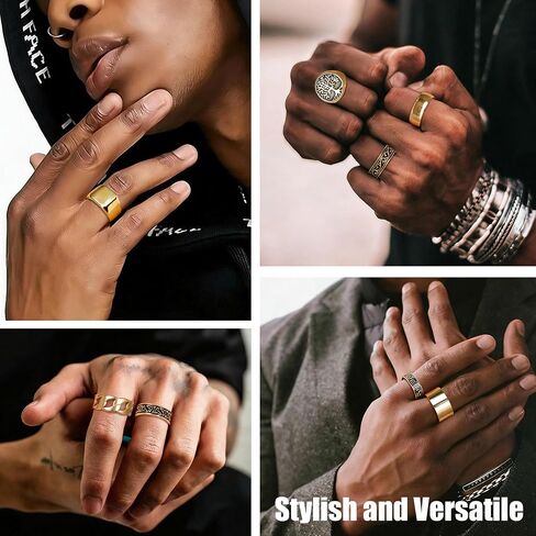 10 Pcs Stainless Steel Vintage Signet Rings for Men Square Pinky Thumb Chunky Ring Retro Carving Celtic Band Rings Cuban Link Chain Ring Vintage Biker Band Rings Set, Size 7-13 in Saudi Arabia