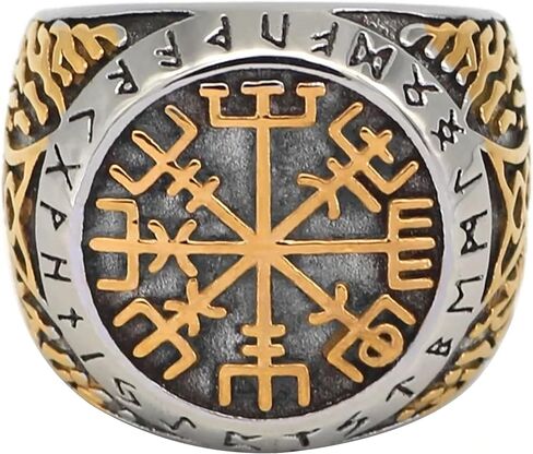 خاتم فايكنغ Vegvisir للرجال ذهبي وفضي 316L من الفولاذ المقاوم للصدأ Norse Thors Hammer مقاسات 8-12 in Kuwait