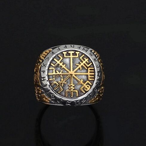 خاتم فايكنغ Vegvisir للرجال ذهبي وفضي 316L من الفولاذ المقاوم للصدأ Norse Thors Hammer مقاسات 8-12 in Kuwait
