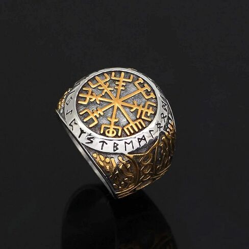 خاتم فايكنغ Vegvisir للرجال ذهبي وفضي 316L من الفولاذ المقاوم للصدأ Norse Thors Hammer مقاسات 8-12 in Kuwait