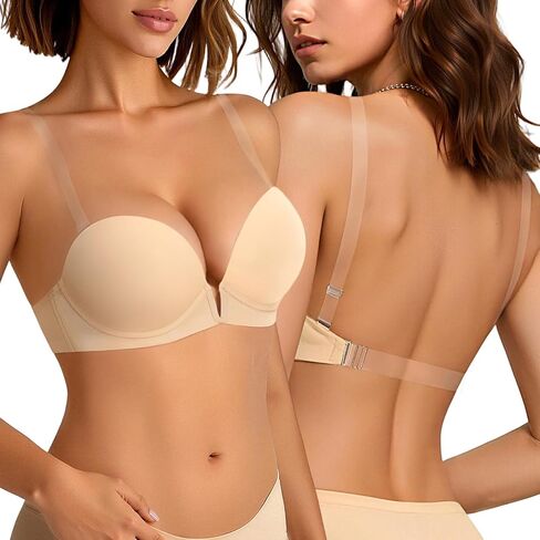 Upushall Backless Bra with Clear Straps Push Up Padded Plunge Bras for Women in Kuwait