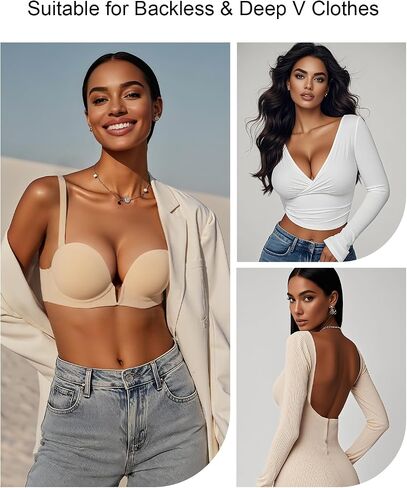Upushall Backless Bra with Clear Straps Push Up Padded Plunge Bras for Women in Kuwait