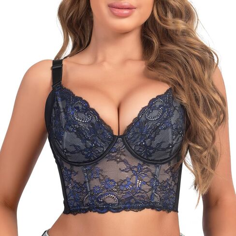 Women's Push-Up Deep V Bra Seamless Comfort Steel Boned Support Longline Lace Adjustable Straps for Everyday Wear in Saudi Arabia