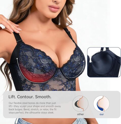 Women's Push-Up Deep V Bra Seamless Comfort Steel Boned Support Longline Lace Adjustable Straps for Everyday Wear in Saudi Arabia