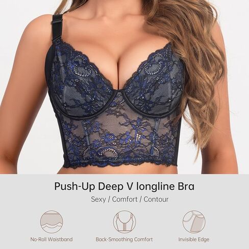 Women's Push-Up Deep V Bra Seamless Comfort Steel Boned Support Longline Lace Adjustable Straps for Everyday Wear in Saudi Arabia