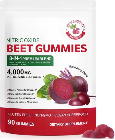 Beet Root Gummies – 8 in 1 Beet Root Extract with CoQ10, Grapeseed Extract & Vitamin B12, 90 Chews for Blood Pressure, Heart Health, Energy & Nitric Oxide Support, No Sugar in Saudi Arabia
