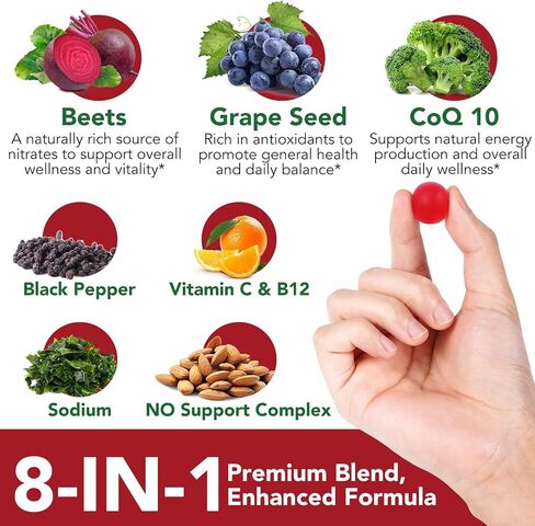 Beet Root Gummies – 8 in 1 Beet Root Extract with CoQ10, Grapeseed Extract & Vitamin B12, 90 Chews for Blood Pressure, Heart Health, Energy & Nitric Oxide Support, No Sugar in Saudi Arabia