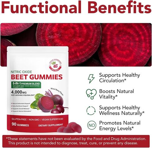 Beet Root Gummies – 8 in 1 Beet Root Extract with CoQ10, Grapeseed Extract & Vitamin B12, 90 Chews for Blood Pressure, Heart Health, Energy & Nitric Oxide Support, No Sugar in Saudi Arabia