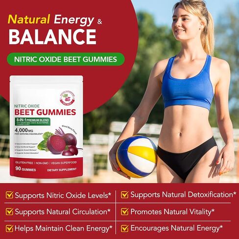 Beet Root Gummies – 8 in 1 Beet Root Extract with CoQ10, Grapeseed Extract & Vitamin B12, 90 Chews for Blood Pressure, Heart Health, Energy & Nitric Oxide Support, No Sugar in Saudi Arabia