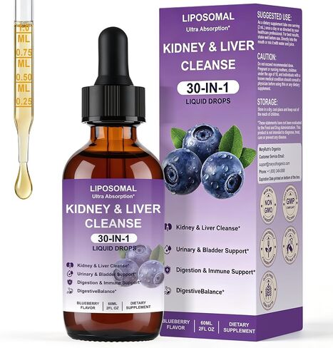 Liposomal Kidney Cleanse Detox & Repair - Liver Support & Cranberry Urinary Health Supplement - 30-in-1 Liquid Drops for Bladder Support - Blueberry Flavor - 60ml in Saudi Arabia
