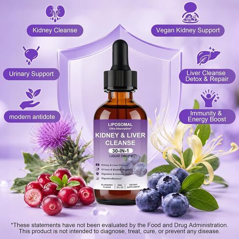 Liposomal Kidney Cleanse Detox & Repair - Liver Support & Cranberry Urinary Health Supplement - 30-in-1 Liquid Drops for Bladder Support - Blueberry Flavor - 60ml in Saudi Arabia