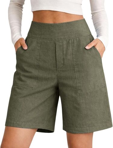 Cotton Linen Shorts for Women Summer Casual Elastic High Waisted Baggy Wide Leg Bermuda Shorts with Pocket in Saudi Arabia