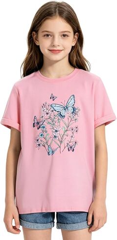 Kids4ever Girls Graphic T-Shirt Summer Short Sleeve Tee for Girl Round Neck Casual Girls' Shirts Size 7-14 in Kuwait