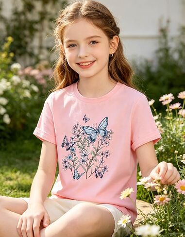 Kids4ever Girls Graphic T-Shirt Summer Short Sleeve Tee for Girl Round Neck Casual Girls' Shirts Size 7-14 in Kuwait