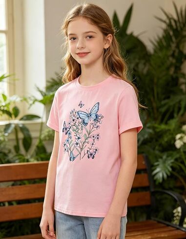 Kids4ever Girls Graphic T-Shirt Summer Short Sleeve Tee for Girl Round Neck Casual Girls' Shirts Size 7-14 in Kuwait