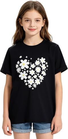 Kids4ever Girls Graphic T-Shirt Summer Short Sleeve Tee for Girl Round Neck Casual Girls' Shirts Size 7-14 in Kuwait