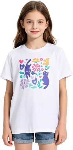 Kids4ever Girls Graphic T-Shirt Summer Short Sleeve Tee for Girl Round Neck Casual Girls' Shirts Size 7-14 in Kuwait