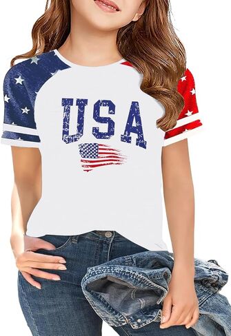 Girls USA Shirts 4th of July Shirt Kids American Flag T-Shirt Boys Patriotic Tee Independence Day Outfit 5-14y in Saudi Arabia
