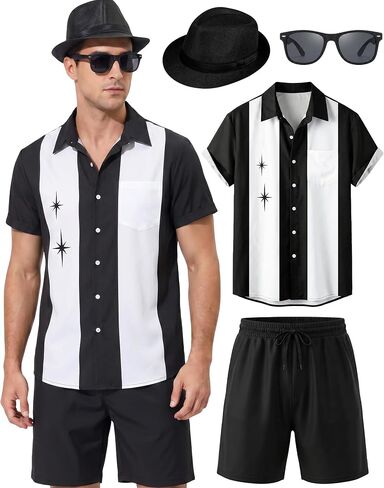 WILDPARTY Men's Matching Set, 1950s Retro Bowling Shirt and Shorts With Hat Glasses Vacation Beach Party Outfit Summer in Saudi Arabia